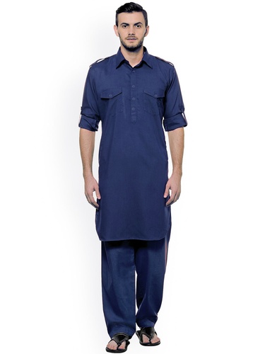 Blue Cotton Pathani Set For Men