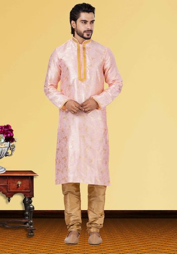 Pink And Golden Linen Silk Kurta Pajama