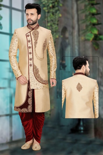 Fabric Combination Wedding Dhoti Sherwani With Handwork