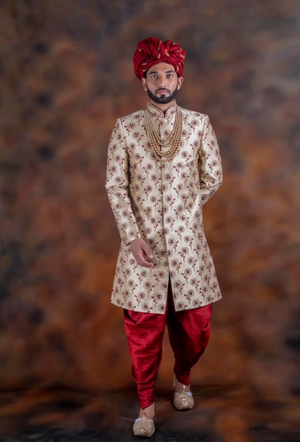 Beige With Red Accents Traditional Wedding Sherwani