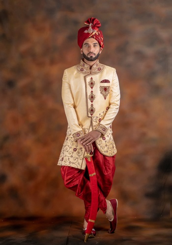 Brocade Silk Cream Color Designer Wedding Sherwani