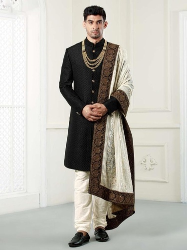 Black Color Quilted Silk Fabric Sherwani
