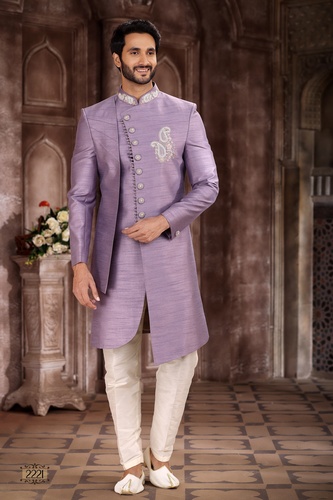 Asymmetrical Cut Lavender Color Indo Western Sherwani