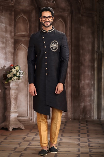 Black Color Art Silk Indo Western Sherwani With Handwork Touch Up