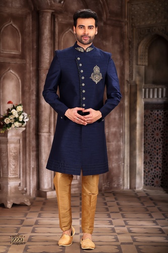Blue Color Art Silk Indo Western Sherwani With Handwork Touch Up
