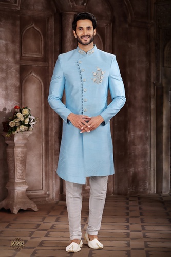 Sky Blue Indo Western Sherwani With Handwork Touch Up