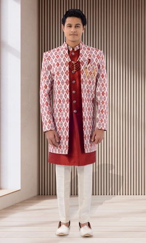Lucknowi With Tikki Work Multicolor Red Sherwani With Jacket