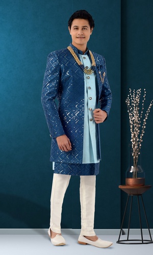 Teal Blue Jacket Style Sherwani