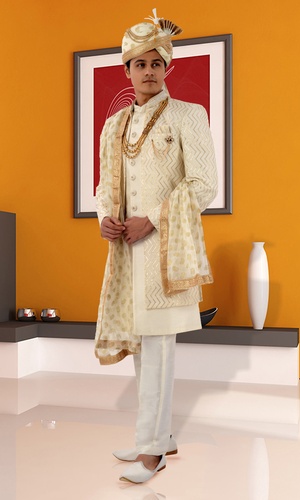 Cream Color Georgette Silk Jacket Style Sherwani 