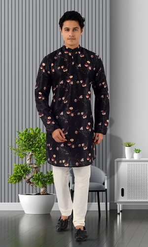 Black Floral Print Kurta Pajama Silk Fabric