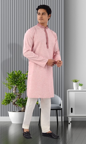 Peachy Pink Cotton Kurta Pajama For Men