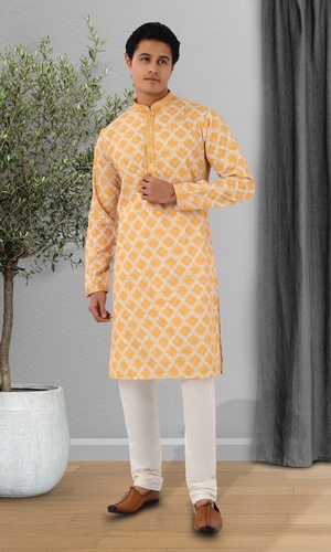 Cotton Silk Fabric Yellow Kurta Pajama For Haldi Ceremony