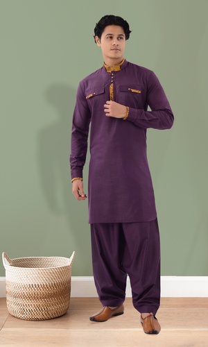Pathani kurta pyjama set online- Buy Tangerine colored cotton pathani suit
