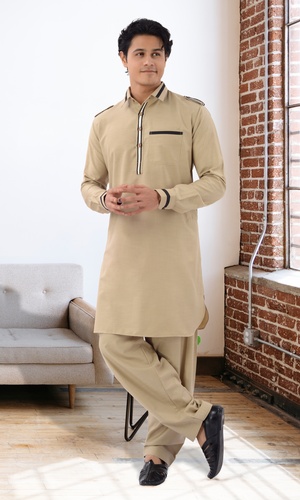 Modern Biscuit Color Cotton Pathani Suit 