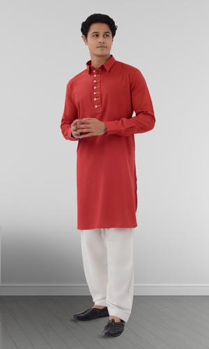 Red And White Color Combination Cotton Pathani Suit