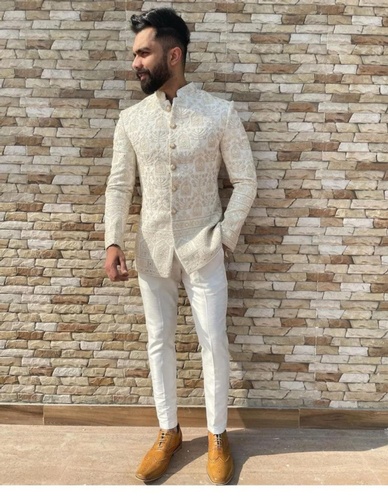 Cream Color Pure Georgette Fabric Jodhpuri Suit With Work