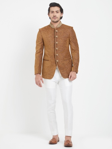 Rusty Brown Color Jute Fabric Jodhpuri Suit With Work