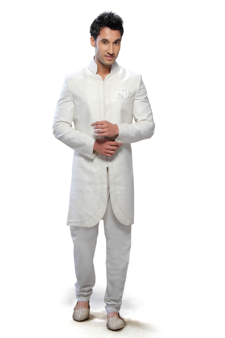 White Color Cotton Silk Rich Look Indo Western Sherwani
