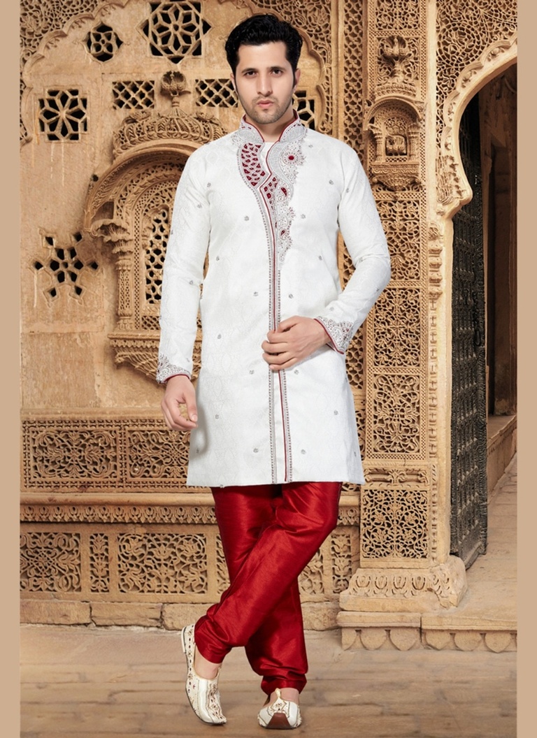 Snazzy White Color Jacquard Indo Western Sherwani