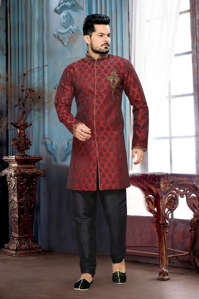 Flattering Your Look Mens Red Color Royal Sherwani