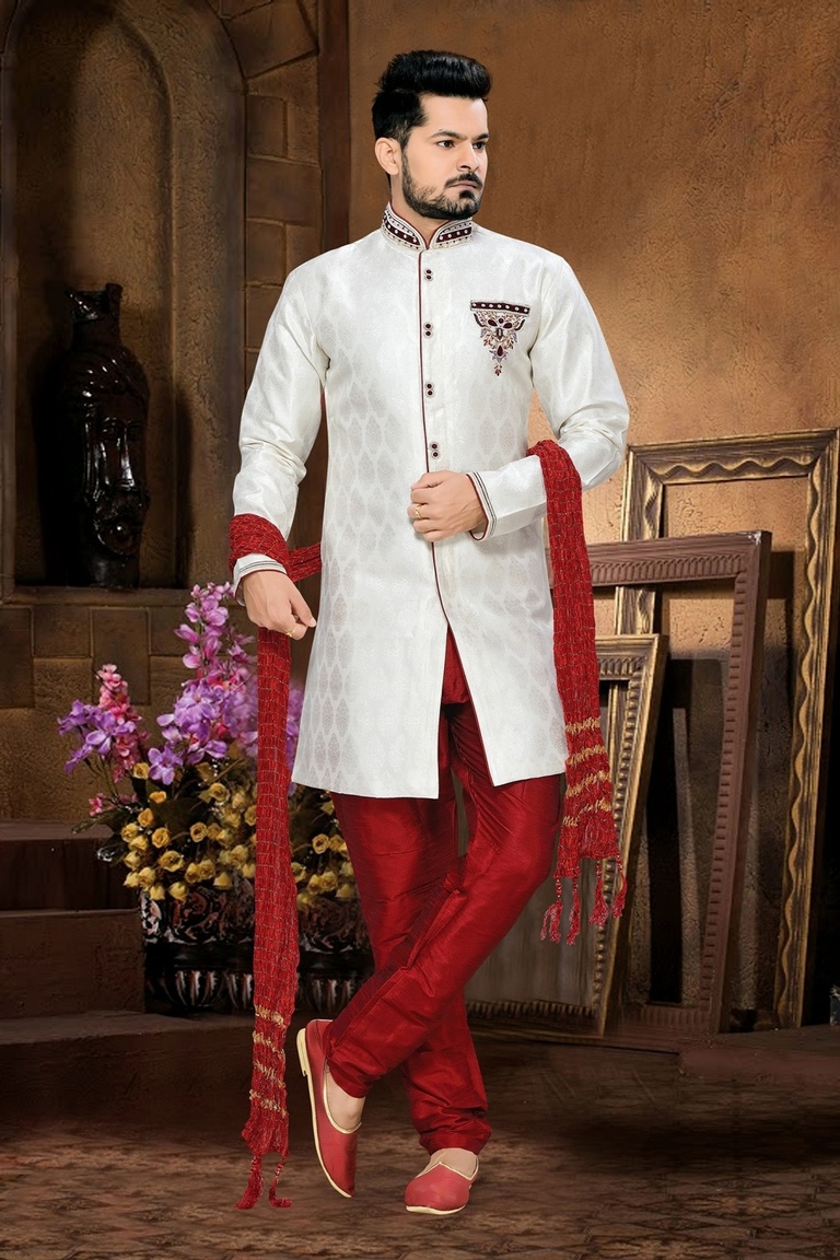 Classical Urban Ethnicwear Mens White Color Royal Sherwani For Wedding