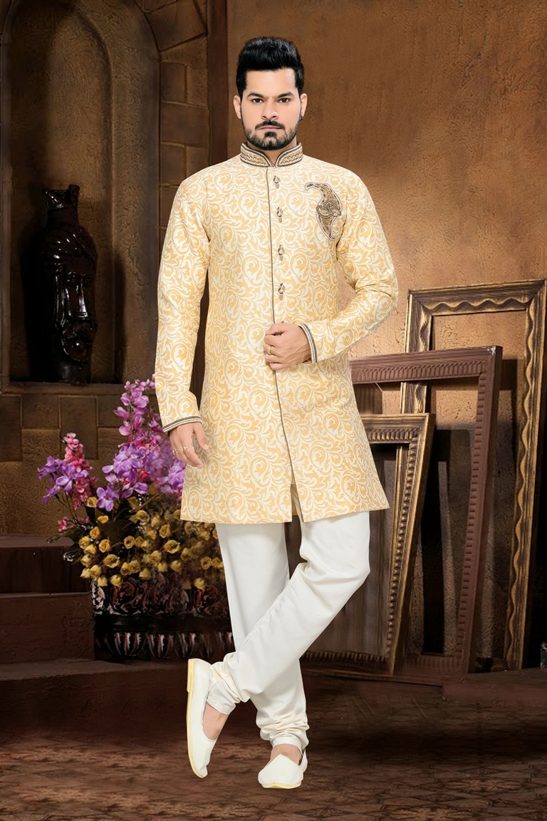 Lovely Jamewar Mens Cream White Color Royal Sherwani