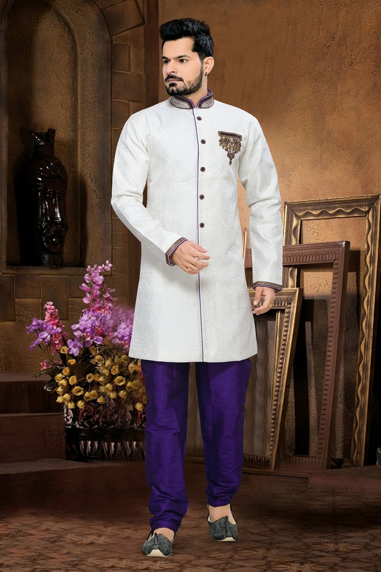Unique Designer Collection Mens White Color Royal Sherwani