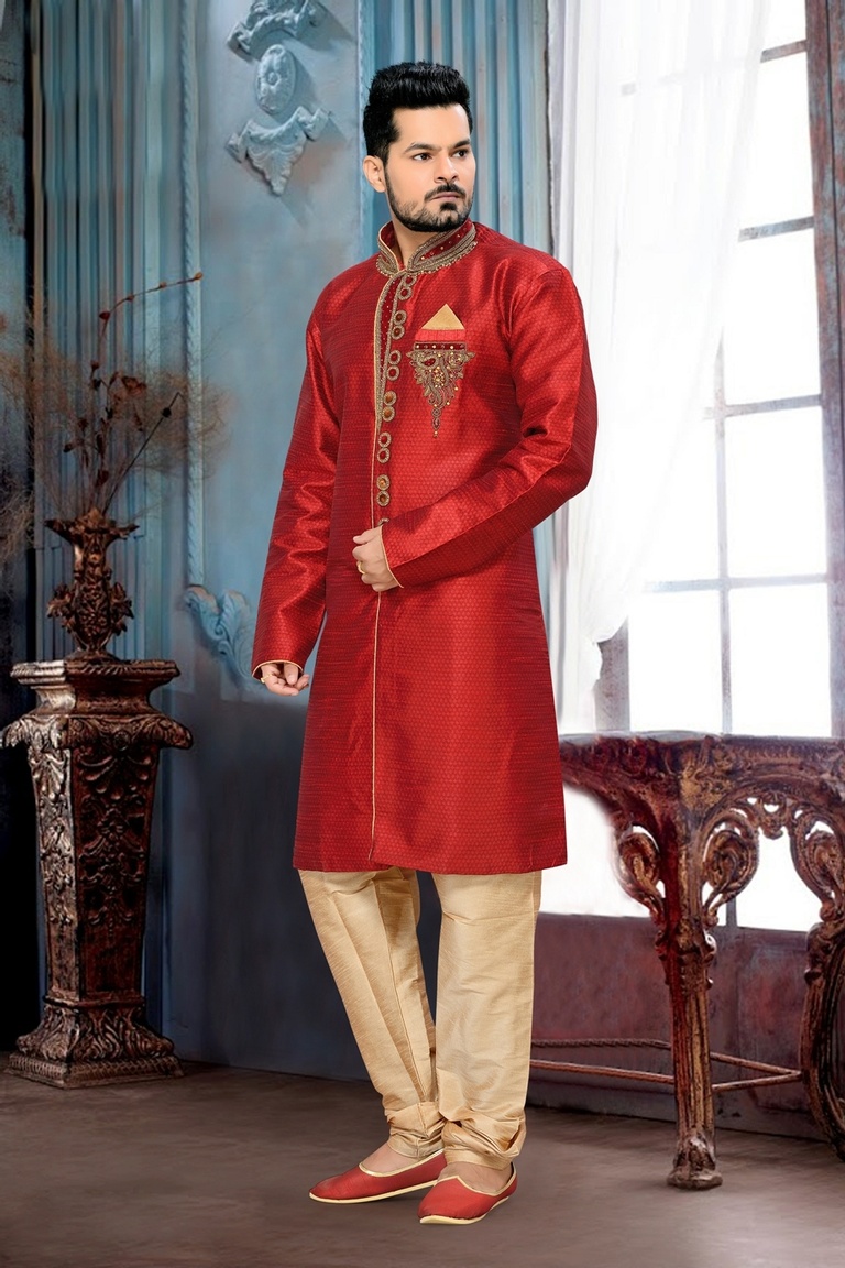 Kalamkari Red Designer Collection Royal Sherwani For Wedding