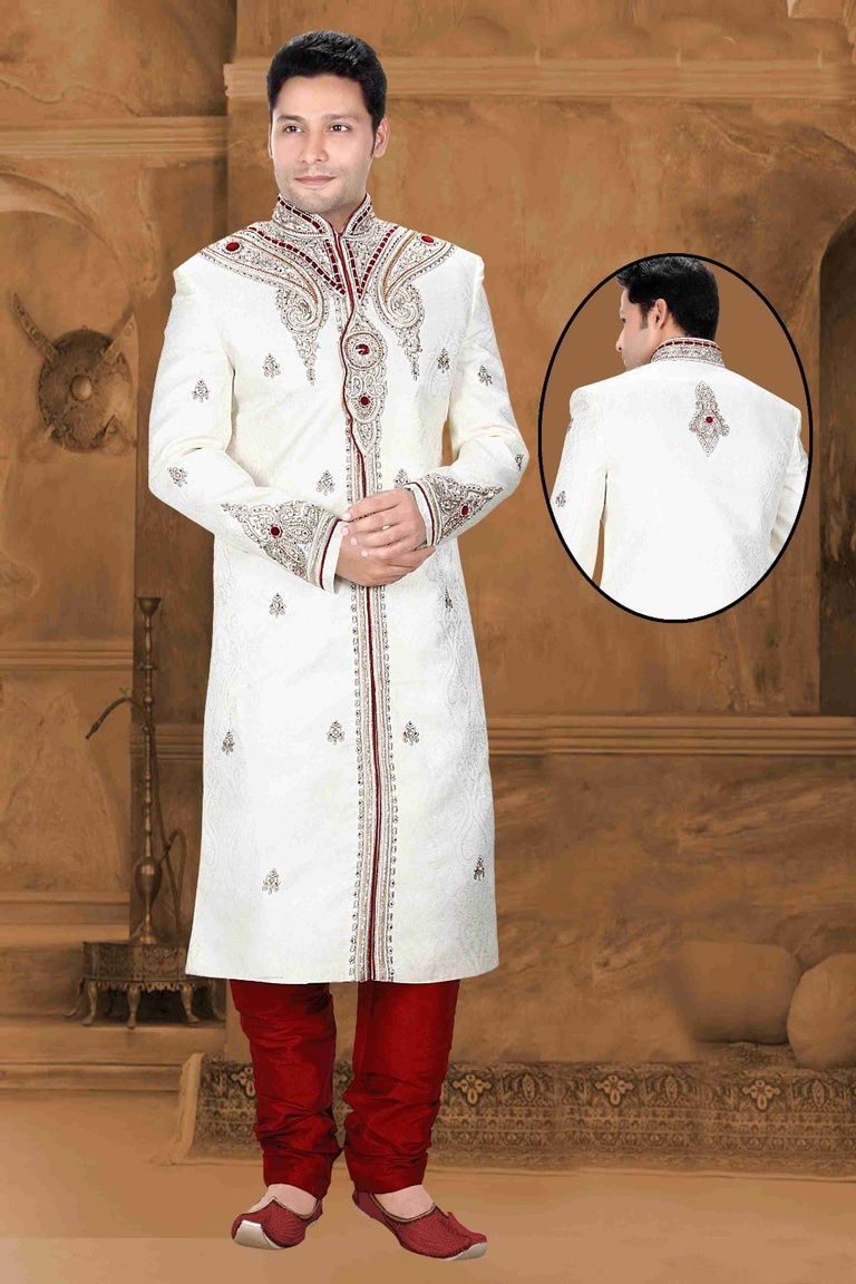 Mens Augmenting White Color Navratri Royal Sherwani