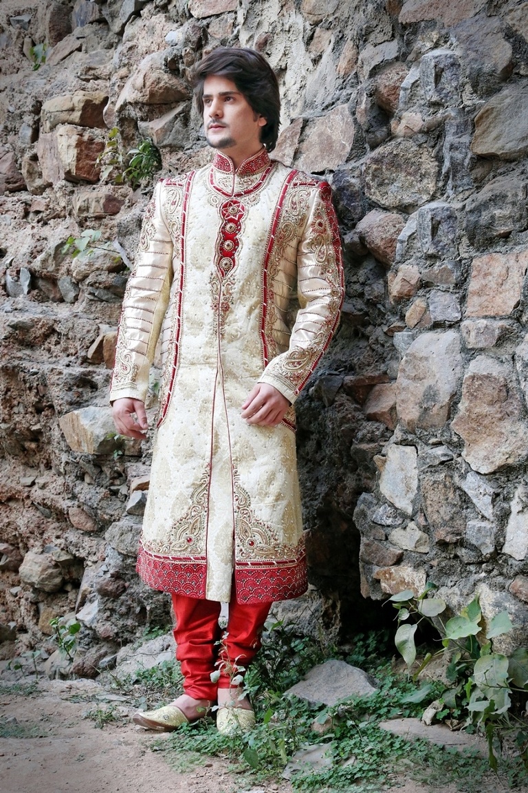 Extravagant Banarasi Mens Beige Color Royal Sherwani