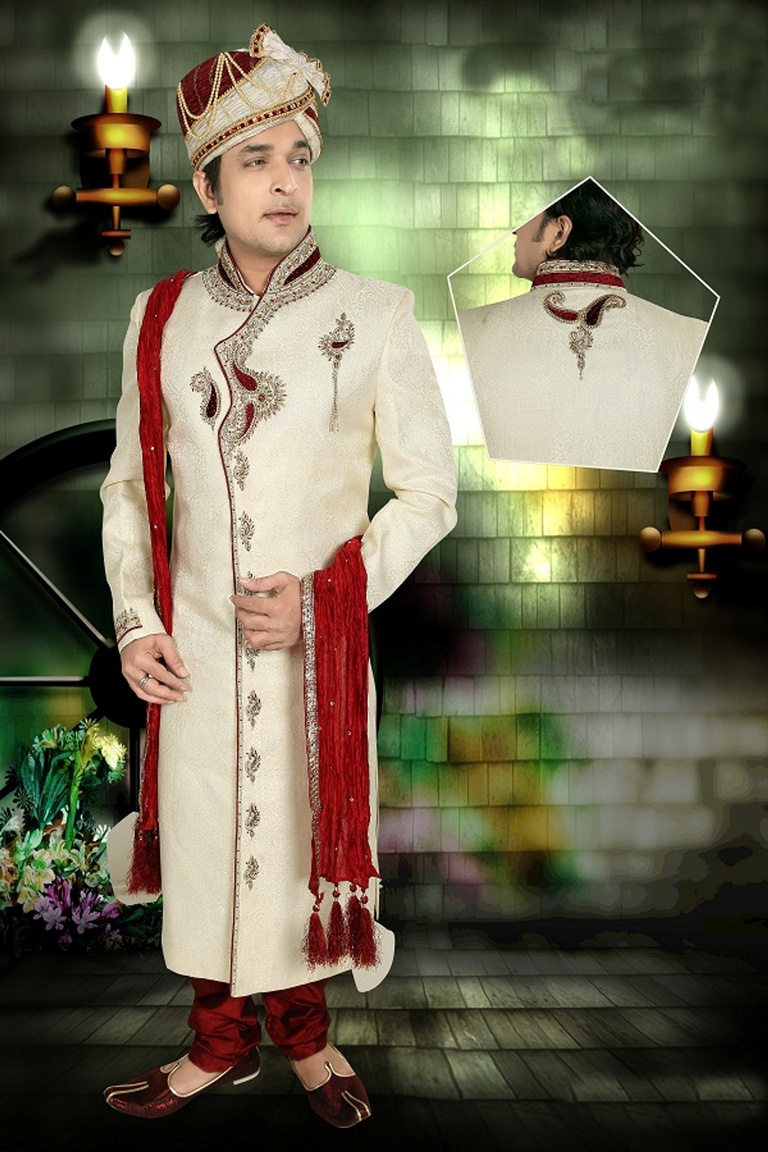 Fabulous Mens V Neck Cream Color Royal Sherwani