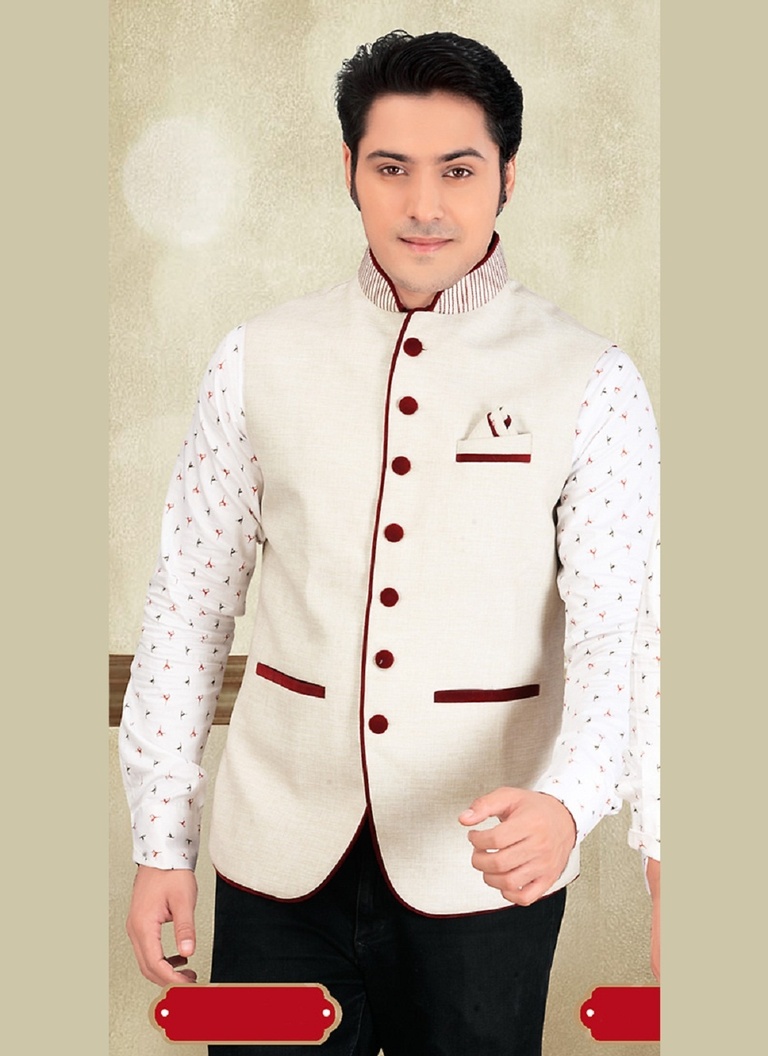 Trendy Look Beige Color Jute Nehru Jacket