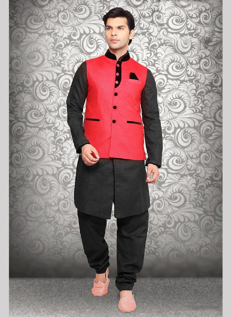 Unique Collection Red Color Linen Nehru Jacket