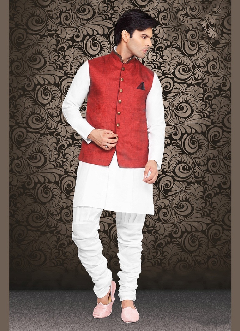 Kalamkari Red Color Linen Nehru Jacket