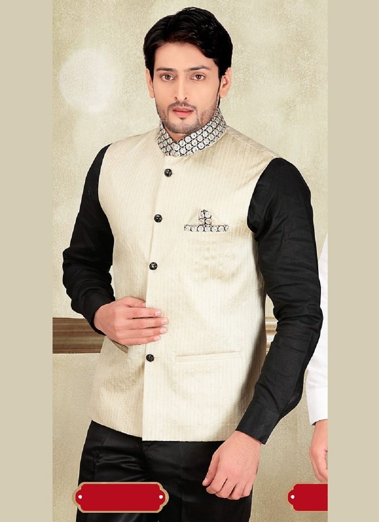 Charming Ethnic Look Cream Color Silk Nehru Jacket