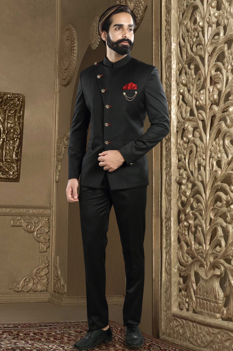 Black Bandhgala Jodhpuri Suit With Red Accents