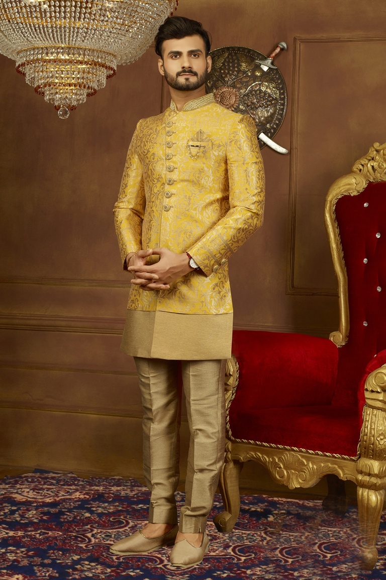 Rich Look Yellow Indo Western Sherwani For Marriage