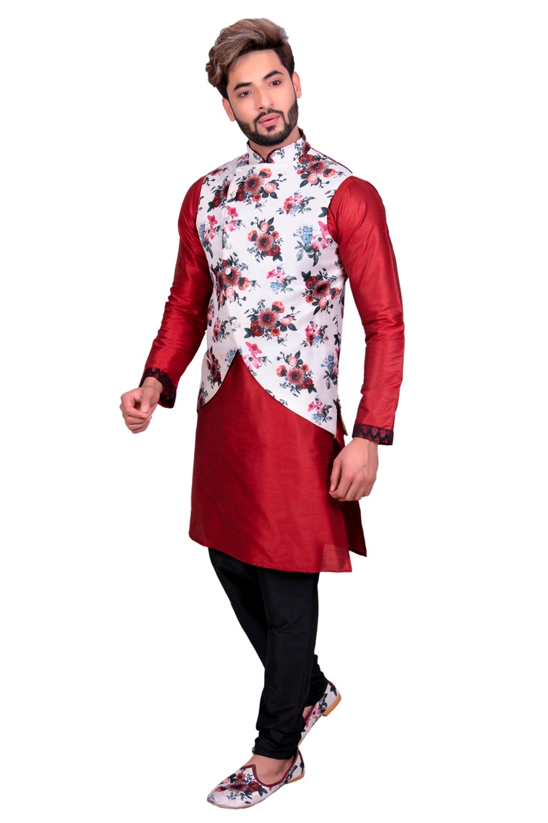 Maroon Kurta Set With White Multi Floral Print Silk Jacket