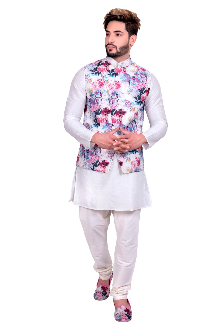 Off White Kurta Set With Multi Floral Print Silk Jacket