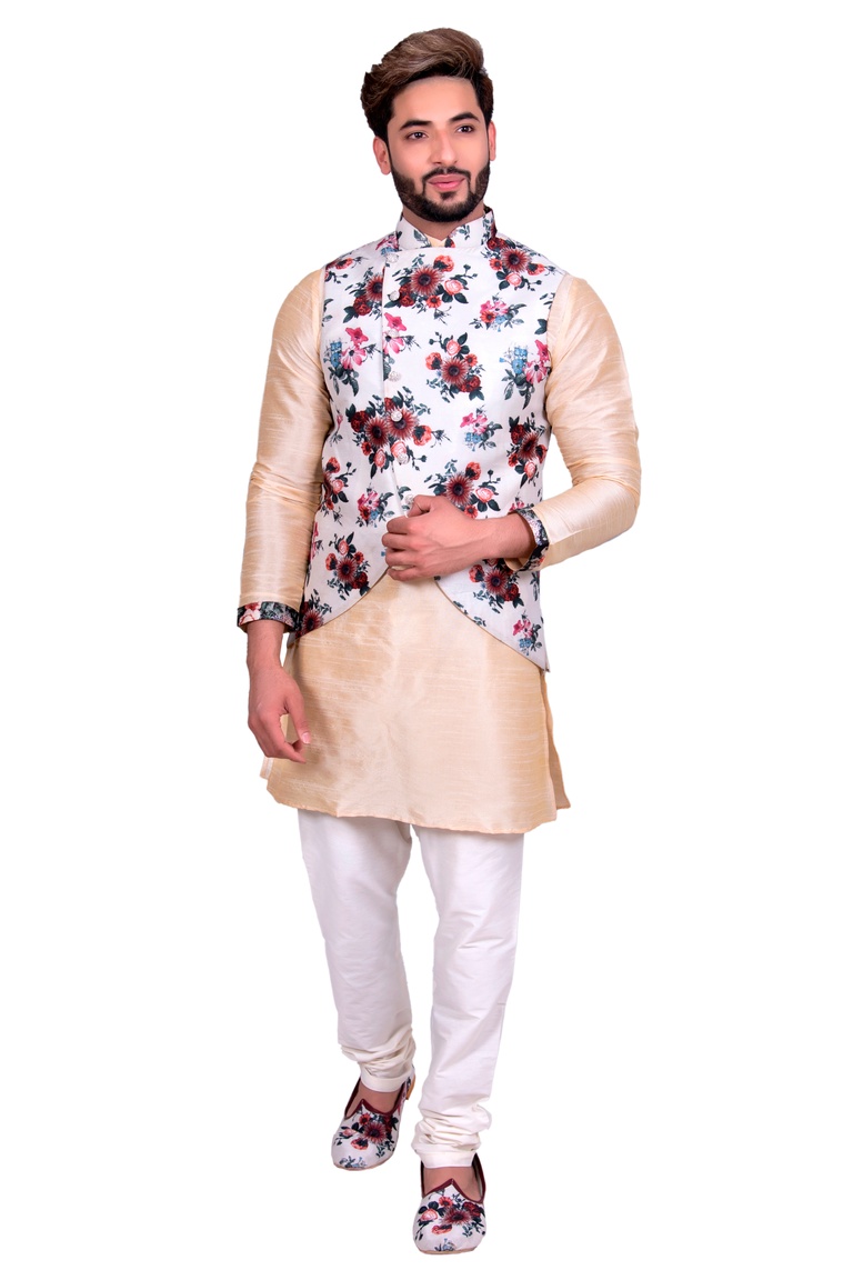 Beige Kurta Set With Apple Cut White Floral Silk Print Jacket