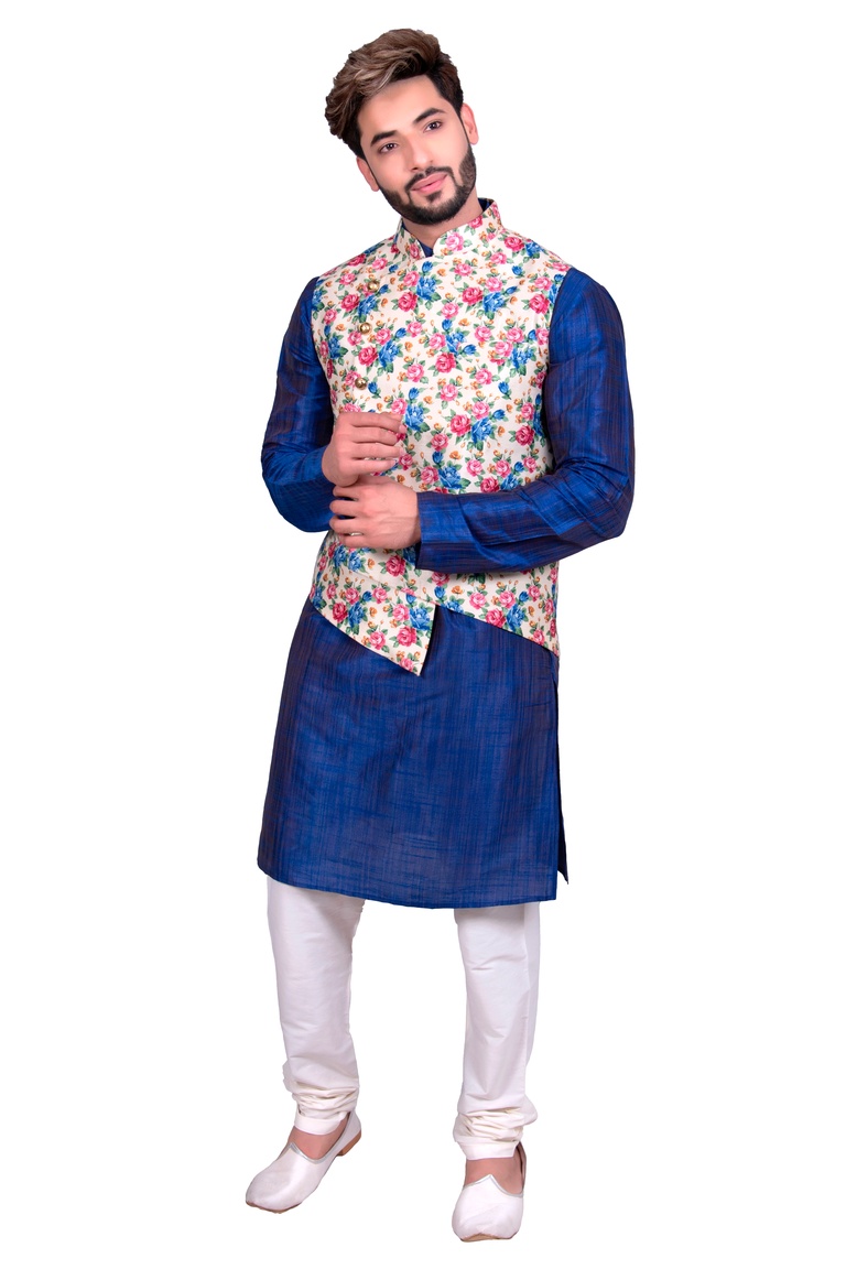 Blue Kurta Set With Asymetrical Floral Print Silk Jacket