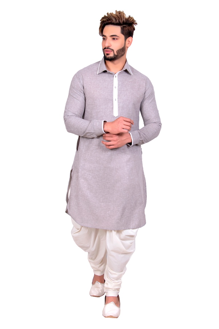 Rich Look Silver Cotton Pathani Suit