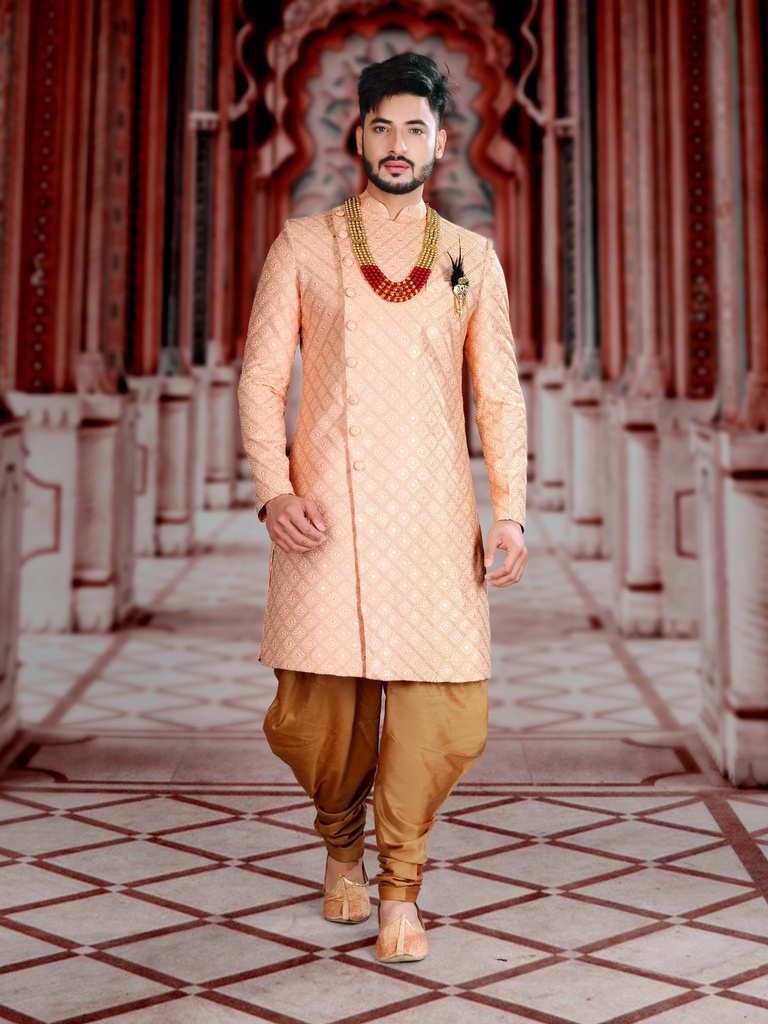 King Look Peach Lucknowi Indo Western Sherwani