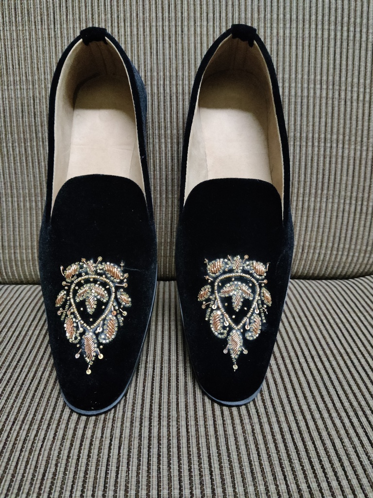 Black Hand Embroidered Loafers For Men