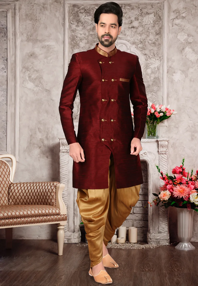 Maroon Color Silk Fabric Indo Western Sherwani