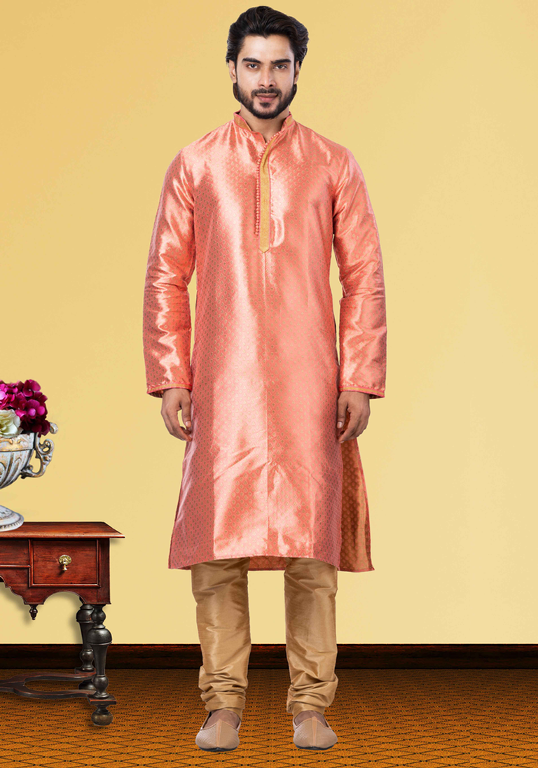 Pink And Golden Jacquard Fabric Kurta Pajama