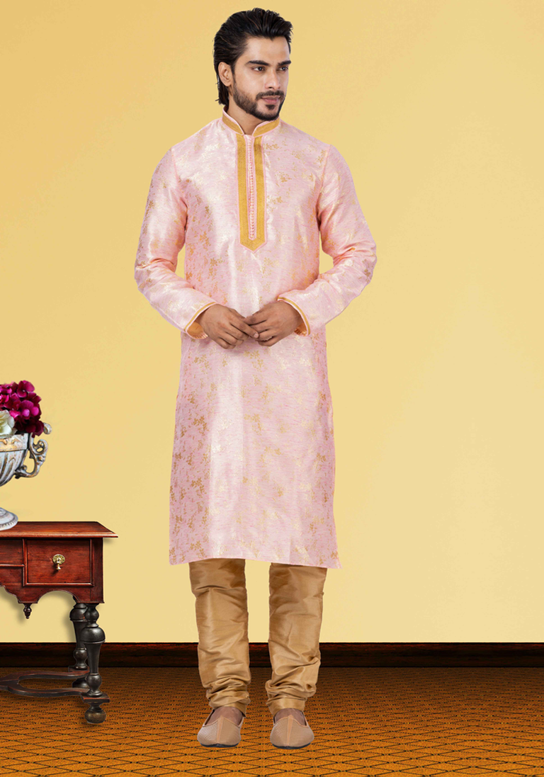 Pink And Golden Linen Silk Kurta Pajama
