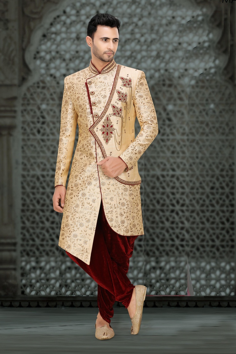 Asymmetrical Cut Rich Silk Wedding Dhoti Sherwani