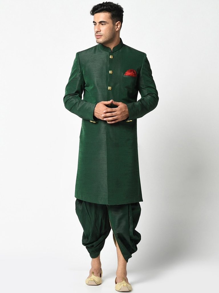 Global Green Dupion Silk Sherwani With Dhoti