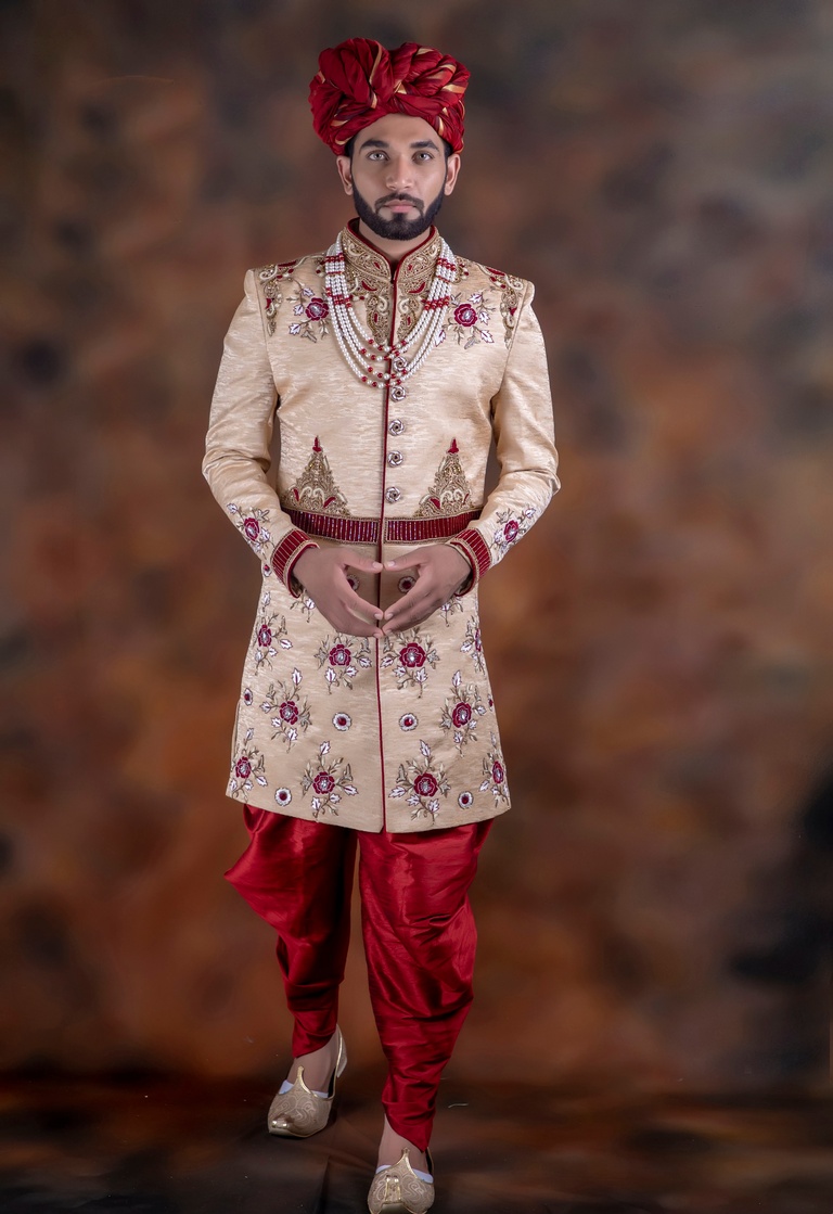 Cream Maroon Combination Stylish Wedding Sherwani
